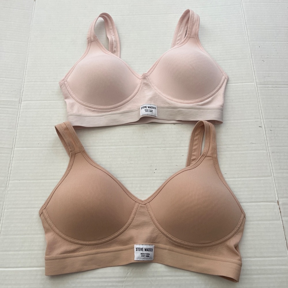 Steve Madden Two Pack Ribbed Wireless Bras 34C Pink Tan Bralette Coquette Casual